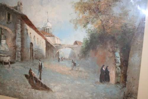 A BEAUTIFUL (LARGE) FRAMED ORIGINAL SIGNED A. WILSON OIL ON CANVAS PAINTING OF A VILLAGE SCENE