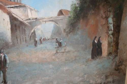 A BEAUTIFUL (LARGE) FRAMED ORIGINAL SIGNED A. WILSON OIL ON CANVAS PAINTING OF A VILLAGE SCENE