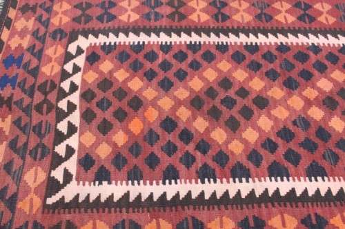 AN INCREDIBLE LARGE (3m x 1.96m) TURKISH KILIM CARPET w/ ORANGE, RUST, BROWN, BLACK & CREAM COLOURS