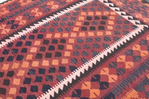 AN INCREDIBLE LARGE (3m x 1.96m) TURKISH KILIM CARPET w/ ORANGE, RUST, BROWN, BLACK & CREAM COLOURS