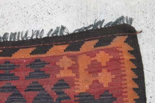 AN INCREDIBLE LARGE (3m x 1.96m) TURKISH KILIM CARPET w/ ORANGE, RUST, BROWN, BLACK & CREAM COLOURS