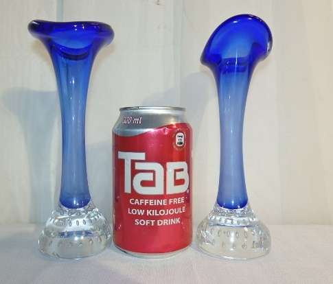 **RS17** A pair of Swedish made "Aseda Glasbruk" blue bone ''jack in the pulpit'' hand blown vases
