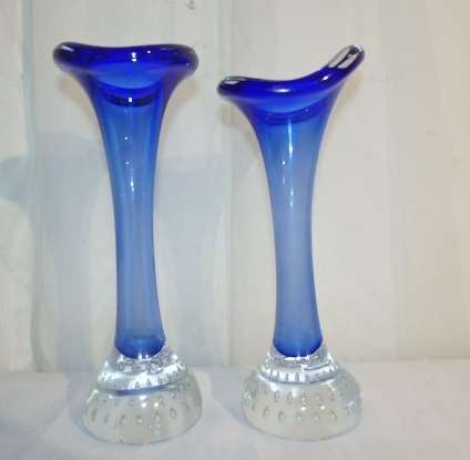 **RS17** A pair of Swedish made "Aseda Glasbruk" blue bone ''jack in the pulpit'' hand blown vases