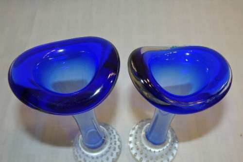 **RS17** A pair of Swedish made "Aseda Glasbruk" blue bone ''jack in the pulpit'' hand blown vases