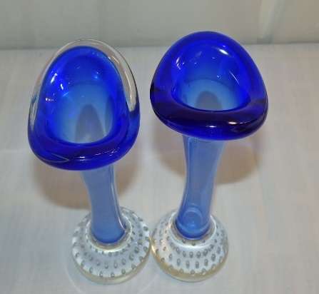 **RS17** A pair of Swedish made "Aseda Glasbruk" blue bone ''jack in the pulpit'' hand blown vases