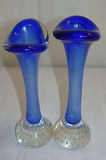 **RS17** A pair of Swedish made "Aseda Glasbruk" blue bone ''jack in the pulpit'' hand blown vases
