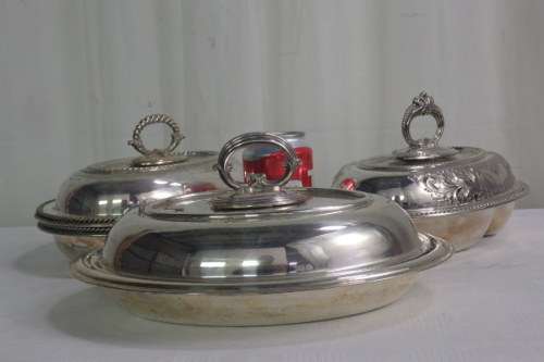 THREE FABULOUS VINTAGE SILVER PLATED FOOD SERVERS INCL. A DOUBLE BOWL SERVER bid/server