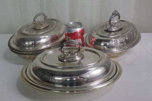 THREE FABULOUS VINTAGE SILVER PLATED FOOD SERVERS INCL. A DOUBLE BOWL SERVER bid/server