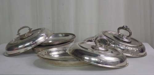 THREE FABULOUS VINTAGE SILVER PLATED FOOD SERVERS INCL. A DOUBLE BOWL SERVER bid/server