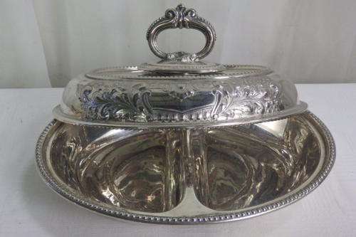 THREE FABULOUS VINTAGE SILVER PLATED FOOD SERVERS INCL. A DOUBLE BOWL SERVER bid/server