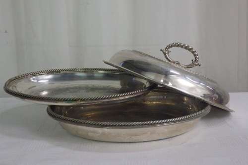 THREE FABULOUS VINTAGE SILVER PLATED FOOD SERVERS INCL. A DOUBLE BOWL SERVER bid/server