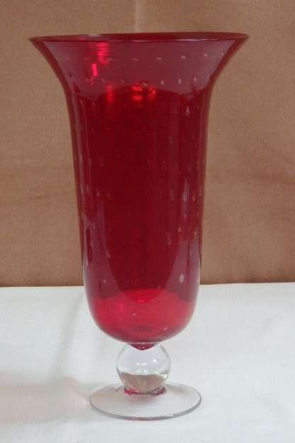 A GORGEOUS LARGE TALL BROAD RIMMED BRIGHT RED GLASS VASE w/ A CLEAR GLASS STEM IN AMAZING CONDITION