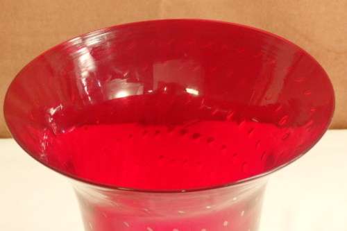 A GORGEOUS LARGE TALL BROAD RIMMED BRIGHT RED GLASS VASE w/ A CLEAR GLASS STEM IN AMAZING CONDITION