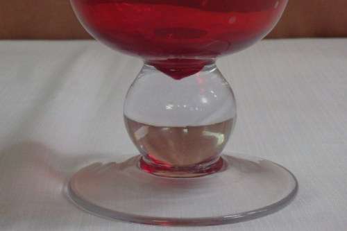 A GORGEOUS LARGE TALL BROAD RIMMED BRIGHT RED GLASS VASE w/ A CLEAR GLASS STEM IN AMAZING CONDITION