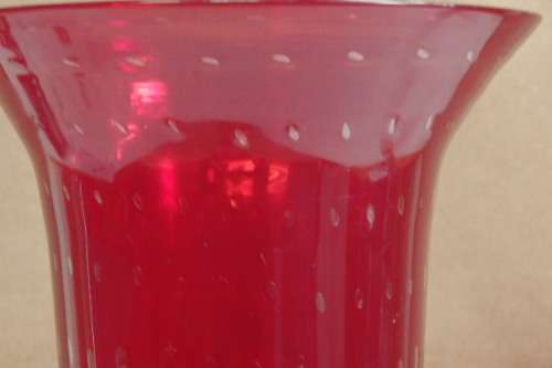 A GORGEOUS LARGE TALL BROAD RIMMED BRIGHT RED GLASS VASE w/ A CLEAR GLASS STEM IN AMAZING CONDITION