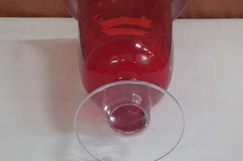 A GORGEOUS LARGE TALL BROAD RIMMED BRIGHT RED GLASS VASE w/ A CLEAR GLASS STEM IN AMAZING CONDITION
