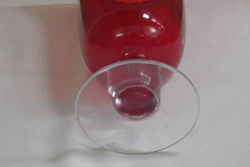 A GORGEOUS LARGE TALL BROAD RIMMED BRIGHT RED GLASS VASE w/ A CLEAR GLASS STEM IN AMAZING CONDITION