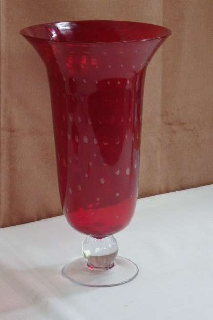 A GORGEOUS LARGE TALL BROAD RIMMED BRIGHT RED GLASS VASE w/ A CLEAR GLASS STEM IN AMAZING CONDITION