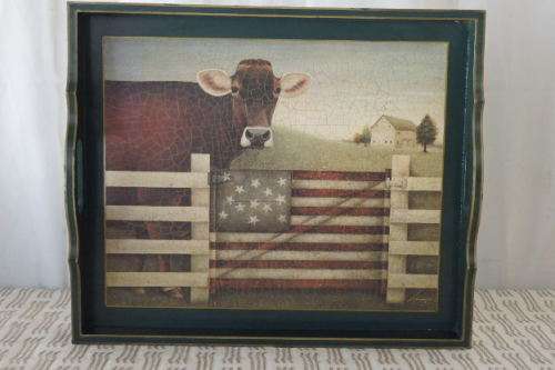A GORGEOUS WOODEN COUNTRY STYLE DECORATIVE SERVING TRAY w/ A FARM YARD SCENE IN GREAT CONDITION