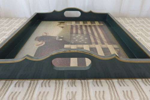 A GORGEOUS WOODEN COUNTRY STYLE DECORATIVE SERVING TRAY w/ A FARM YARD SCENE IN GREAT CONDITION