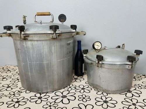 TWO INCREDIBLE ANTIQUE (LARGE) PRESSURE COOKERS WITH BAKELITE TIGHTENERS bid/cooker