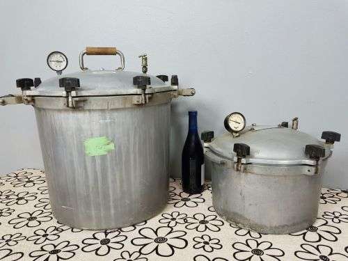TWO INCREDIBLE ANTIQUE (LARGE) PRESSURE COOKERS WITH BAKELITE TIGHTENERS bid/cooker