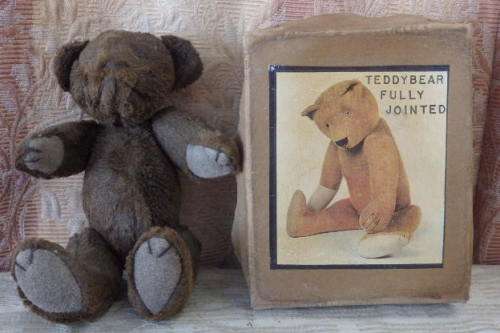 A RARE ANTIQUE "FULLY JOINTED" CINNAMON TEDDY BEAR IN ITS ORIGINAL BOX = WOW!!!!