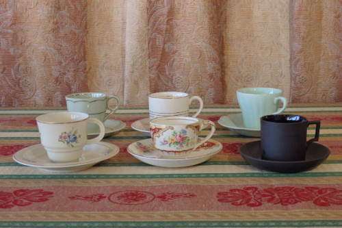 SIX EXQUISITE VINTAGE (c1950's) ASSORTED PORCELAIN DEMITASSE COFFEE CUP DUO'S bid/duo