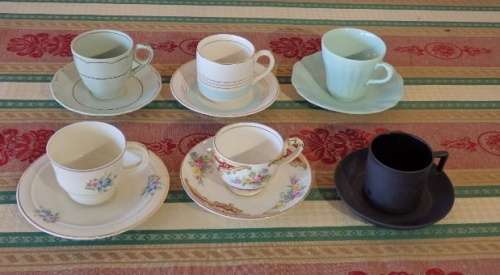 SIX EXQUISITE VINTAGE (c1950's) ASSORTED PORCELAIN DEMITASSE COFFEE CUP DUO'S bid/duo