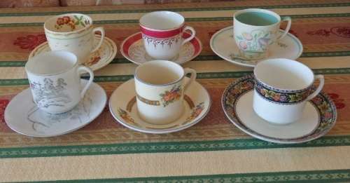 SIX EXQUISITE ASSORTED VINTAGE (c1950's) PORCELAIN DEMITASSE COFFEE CUP DUO's bid/duo