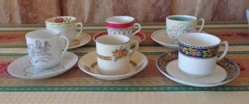 SIX EXQUISITE ASSORTED VINTAGE (c1950's) PORCELAIN DEMITASSE COFFEE CUP DUO's bid/duo