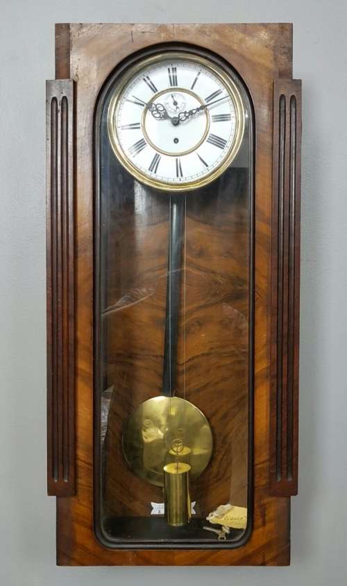 A SPECTACULAR ANTIQUE REGULATORY PENDULUM WALL CLOCK WITH A ROMAN NUMERAL PORCELAIN CLOCK FACE