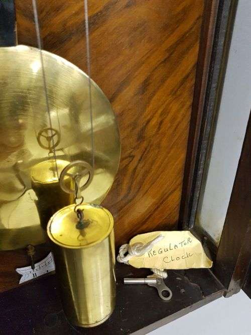 A SPECTACULAR ANTIQUE REGULATORY PENDULUM WALL CLOCK WITH A ROMAN NUMERAL PORCELAIN CLOCK FACE