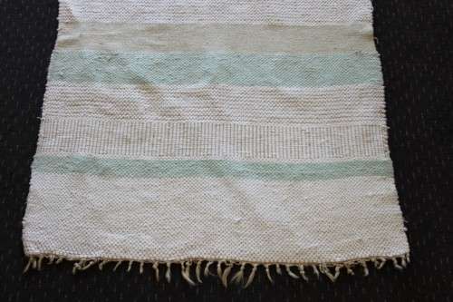 A STUNNING WOVEN WOOL CARPET IN SOFT GREENS, CREAM AND TAN STRIPES = PERFECT BATH CARPET