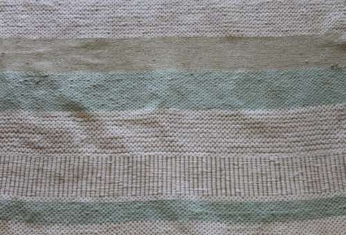 A STUNNING WOVEN WOOL CARPET IN SOFT GREENS, CREAM AND TAN STRIPES = PERFECT BATH CARPET