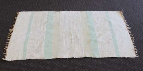 A STUNNING WOVEN WOOL CARPET IN SOFT GREENS, CREAM AND TAN STRIPES = PERFECT BATH CARPET