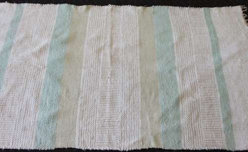 A STUNNING WOVEN WOOL CARPET IN SOFT GREENS, CREAM AND TAN STRIPES = PERFECT BATH CARPET