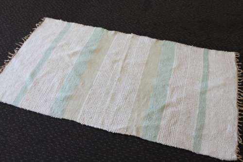 A STUNNING WOVEN WOOL CARPET IN SOFT GREENS, CREAM AND TAN STRIPES = PERFECT BATH CARPET