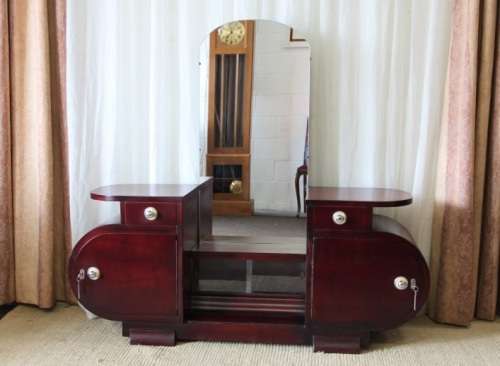 A SUPERB VINTAGE ART DECO BENT-WOOD DOUBLE CABINET DRESSING TABLE WITH TWO DRAWERS