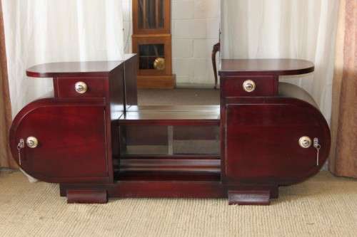 A SUPERB VINTAGE ART DECO BENT-WOOD DOUBLE CABINET DRESSING TABLE WITH TWO DRAWERS