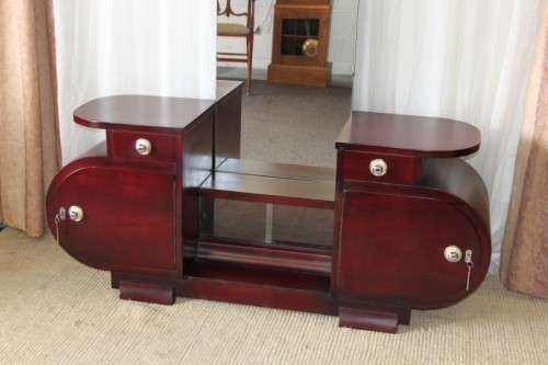 A SUPERB VINTAGE ART DECO BENT-WOOD DOUBLE CABINET DRESSING TABLE WITH TWO DRAWERS