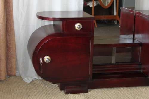 A SUPERB VINTAGE ART DECO BENT-WOOD DOUBLE CABINET DRESSING TABLE WITH TWO DRAWERS