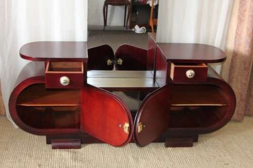 A SUPERB VINTAGE ART DECO BENT-WOOD DOUBLE CABINET DRESSING TABLE WITH TWO DRAWERS
