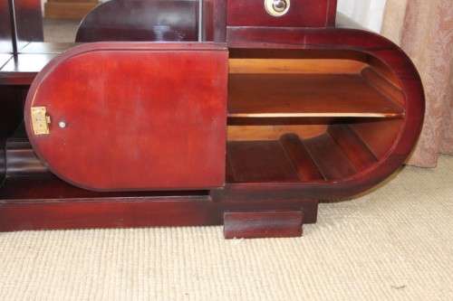 A SUPERB VINTAGE ART DECO BENT-WOOD DOUBLE CABINET DRESSING TABLE WITH TWO DRAWERS