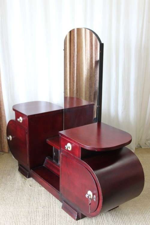 A SUPERB VINTAGE ART DECO BENT-WOOD DOUBLE CABINET DRESSING TABLE WITH TWO DRAWERS