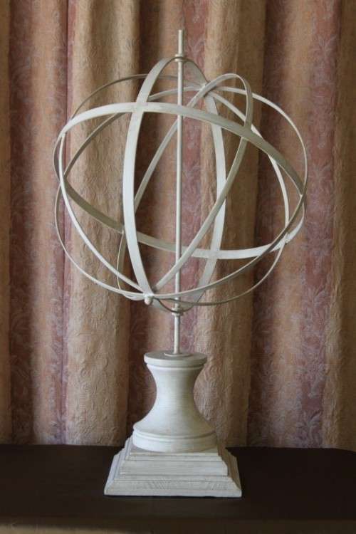 A FABULOUS (LARGE) WHITE WROUGHT IRON "ARMILLARY SPHERE GLOBE" ON A STYLISH WOODEN BASE