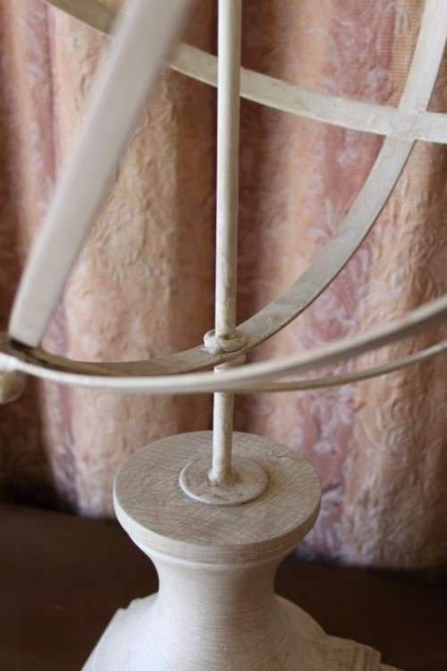 A FABULOUS (LARGE) WHITE WROUGHT IRON "ARMILLARY SPHERE GLOBE" ON A STYLISH WOODEN BASE