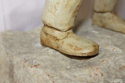 A SUPERB LARGE ONE-OF-A-KIND HAND SCULPTED STONEWARE "MAN" SCULPTURE HOLDING A GLASS BALL