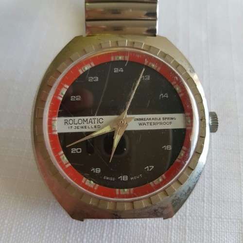 A FANTASTIC METAL "ROLOMATIC" 17 JEWEL WATERPROOF GENTS WRIST WATCH WITH A SWISS MOVEMENT