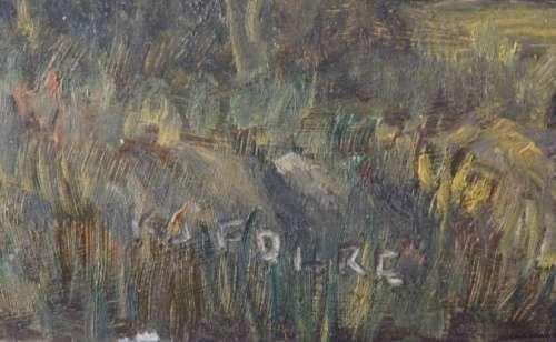 AN EXQUISITELY PAINTED ORIGINAL K.J FOURE OIL ON BOARD LANDSCAPE PAINTING OF A ''DUTCH COTTAGE''